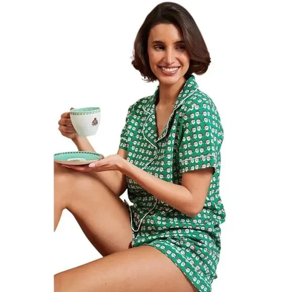 Anthropologie Ro's Garden Cora Short Slv Notch Collar Pima cotton Pajama Set XL - Picture 2 of 6